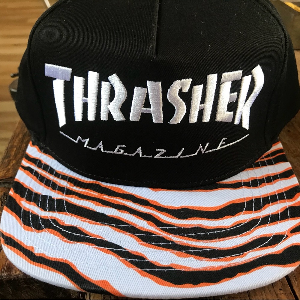 Vintage Thrasher Black with Tiger print cap trucker hat